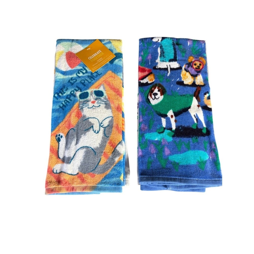 Celebrate Together Summer Colorful Cat & Dog Kitchen Hand Towels GIFT NEW